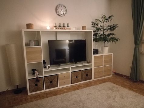 Lappland Ikea Hack, Apartment Tv Stand Ideas, Ikea Lappland Tv Unit, Kallax Tv Stand Hack, Lappland Tv Storage, Lappland Ikea, Kallax Living Room, Ikea Lappland, Kallax Inspiration