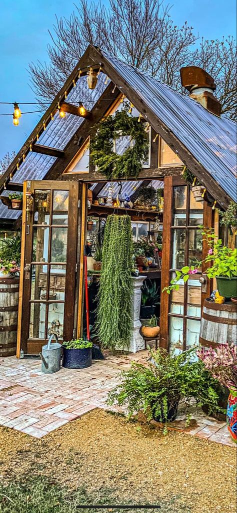 Green House Shed Ideas, Mediterranean Greenhouse, Greenhouse With Porch, Wood Greenhouse, Greenhouse She Shed, Green Houses Ideas, Greenhouse Ideas Diy, Cottage Greenhouse, Contemporary Greenhouses