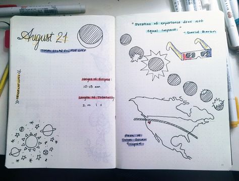 Total Solar Eclipse 2017 Inspired Bullet Journal layout Solar Eclipse Bullet Journal, Solar Eclipse Journal Page, Eclipse Bullet Journal, Solar Eclipse Doodle, Solar Eclipse Journal, Solar Eclipse 2017, Bullet Journal Work, Bullet Journal Spread, Solar Eclipse