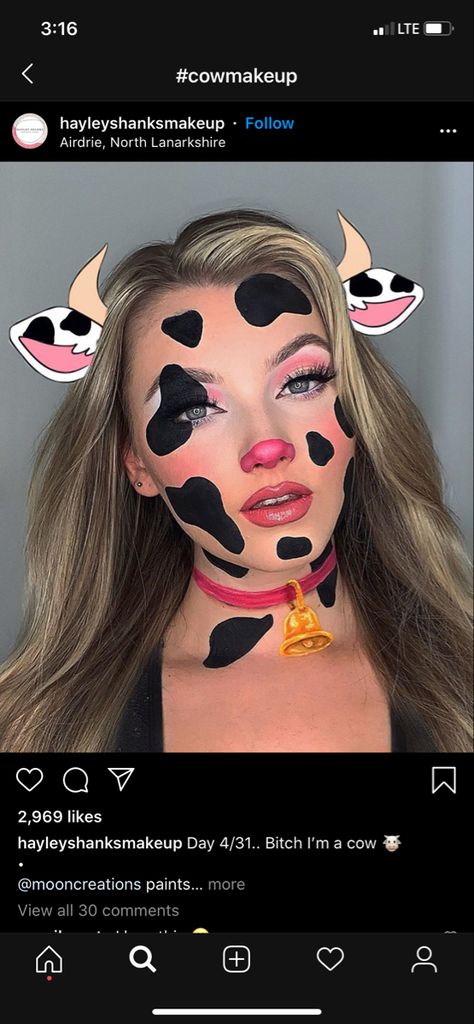 Bull Halloween Makeup, Woman Cow Costume, Pregnant Cow Halloween Costumes, Cow Face Makeup Halloween, Cow Halloween Makeup Look, Cow Costume Makeup Simple, Cow Make Up For Halloween, Cow Theme Outfit, Cute Animal Halloween Makeup