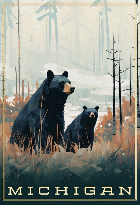 Wildlife Graphic Design, Michigan Illustration, Black Bear Drawing, Vintage Bear Illustration, Black Bear Illustration, Black Bear Painting, Bear Digital Art, Badger Illustration, Vintage National Park Posters