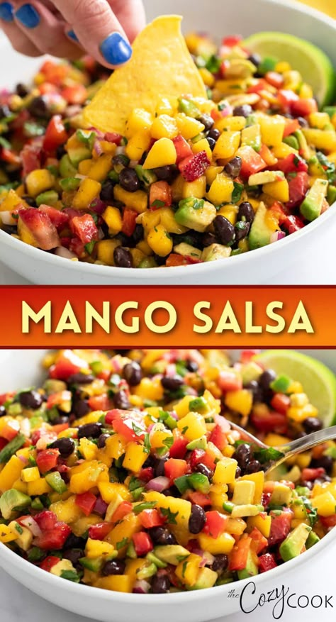 This refreshing Mango Salsa recipe has juicy mangos, fresh strawberries, peppers, black beans, avocado and more! Serve this as an appetizer with tortilla chips or add it to tacos, salad, chicken, and more! Mango Salsa With Black Beans, Summer Salsa Dip, Salsa Recipe Mango, Mango Bean Salad, Mango Black Bean Salsa, Guac Salsa Recipe, Chips And Salsa Recipe, Mango Corn Salsa Recipe, Whiskey Appetizers