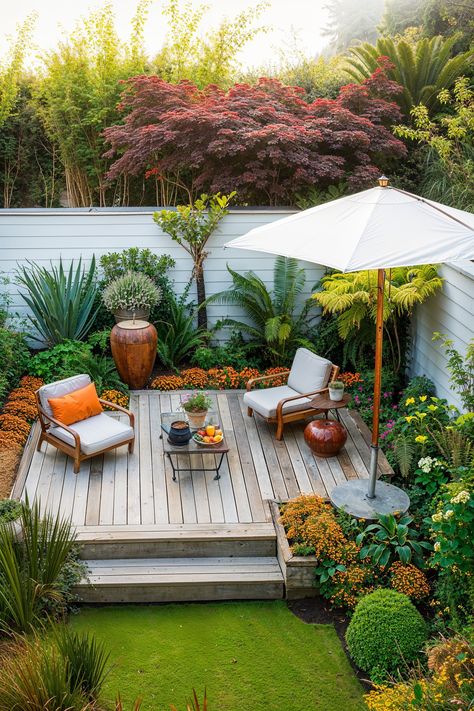 yard with a deck, vibrant plants, umbrella, outdoor furniture Garden Bed Around Deck, How To Build A Platform Deck, Outdoor Floating Deck, Above Ground Pool Small Deck, Big Deck Ideas, Platform Deck Ideas, Deck Bed Ideas, Florida Pool Ideas, Double Deck Bed Ideas