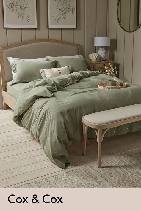 Add an extra level of comfort to your bedroom with our eucalyptus toned duvet cover set.  Made from 100% cotton, this luxuriously soft set is sure to make getting into bed even more cosier and warming than it already was.  Pair with our fitted sheet to create the most tranquil atmosphere in your bedroom. Luxury Bedspreads, Linen Bed Cover, Cosy Bed, Warm Bedroom, Cox And Cox, King Duvet Cover Sets, Double Duvet Covers, Double Duvet, Redecorate Bedroom