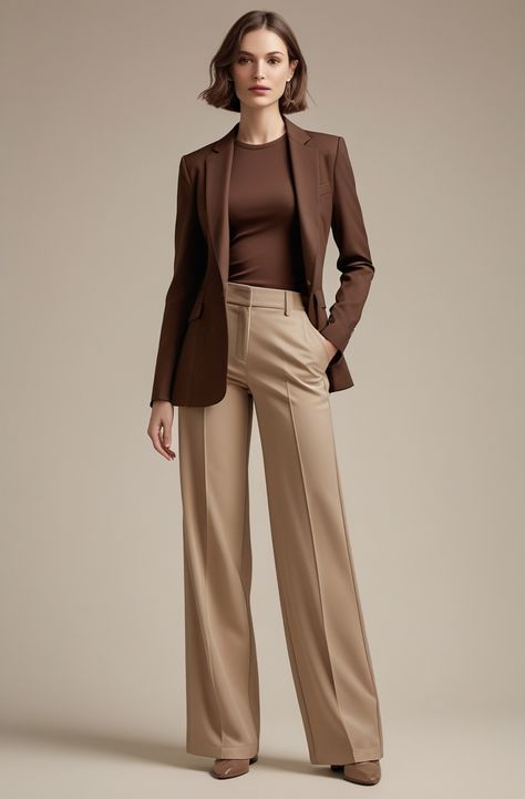 A chic monochrome outfit featuring a chocolate brown fitted top, beige wide-leg trousers, and a matching structured blazer. Perfect for a sophisticated neutral-toned look. #MonochromeMocha #PowerLook #NeutralTones #ChicOutfit #SophisticatedStyle Monochromatic Brown Outfit, Casual Leather Jacket Outfit, Cream Outfits, Fashion Show Poster, Structured Blazer, Monochrome Outfit, Leather Jacket Outfits, Brown Outfit, Fitted Top