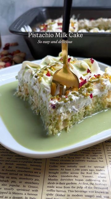 Aysha Begum on Instagram: "Pistachio Milk Cake✨ Recipe in comments.  Very easy to make and absolutely delicious.  If you want a slower video comment ‘recipe’ and I’ll send you the link.   Save, share and follow because I bring you easy and delicious recipes 😊  #pistachio #pistachiomilkcake #pistachiocake #tresleches #treslechescake #cake #dessert #baking #thebakefeed #feedfeed #easyrecipes #easyrecipe" Cake Plating Ideas, Pistachio Milk Cake, Cake Plating, Atayef Recipe, Milk Cake Recipe, Pistachio Milk, Plating Ideas, Pistachio Cake, Milk Cake