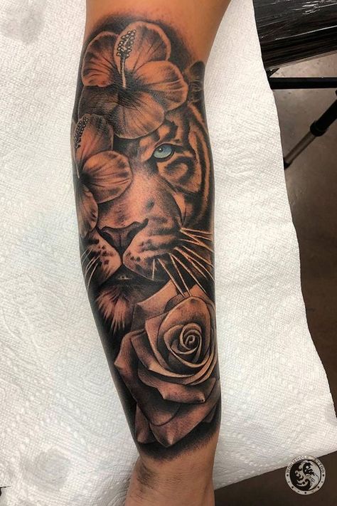 pretty & unique tattoos. follow for more content. Tiger Tattoo With Roses, Tiger Roses Tattoo, Tiger And Rose Tattoo For Women, Men Tiger Tattoo Ideas, Sleeve Tattoos For Women 2023, Tattoo Ideas With Roses, Tiger And Flower Tattoo Half Sleeves, Tiger Rose Tattoo Men, Elephant Tattoos Upper Arm