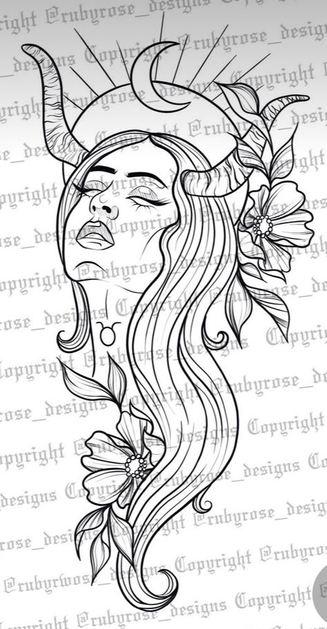 Leo Lady Tattoo, Taurus Drawing Ideas, Taurus Painting Ideas, Taurus Woman Tattoo, Aries Art Drawing, Aries Tatoos, Taurus Goddess Tattoo, Taurus Drawing, Aries Drawing