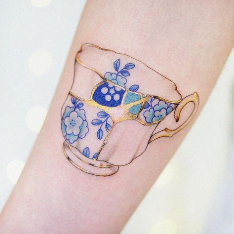 Kintsugi Teacup Tattoo, Fine China Tattoo Design, Kintsugi Art Tattoo, Tempest In A Teacup Tattoo, Ceramics Tattoo, Kintsugi Tattoo Ideas, Cup Of Tea Tattoo, Porcelain Tattoo, Tea Cup Tattoo