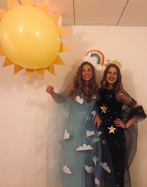 Day And Night Couple Costume, Night Sky Costume Halloween, Night Sky Halloween Costume, Sun Diy Costume, Stary Night Costume, Night And Day Costume, Sunshine Costume Women, Diy Moon Costume, Milky Way Costume