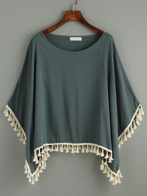 Shop Dark Green Tassel Trimmed Poncho Blouse online. SheIn offers Dark Green Tassel Trimmed Poncho Blouse & more to fit your fashionable needs. Ladies Tops Fashion Blouses, Trending Tops For Women, Summer Blouses For Women, Poncho Shirt, Poncho Fashion, Poncho Outfit, Poncho Design, Poncho Blouse, Kaftan Designs