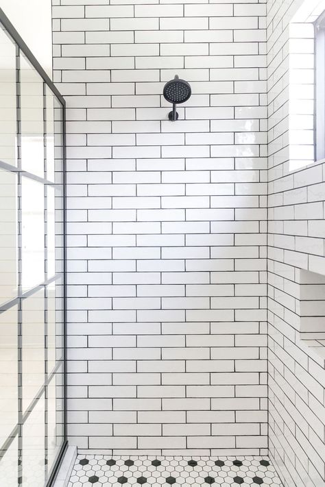 Black And White Tile With Black Grout, White Tile Black Grout, Hexagonal Tiles Bathroom, White Tiles Black Grout, Large White Tiles, White Subway Tile Shower, White Square Tiles, Dark Grout, White Subway Tile Bathroom