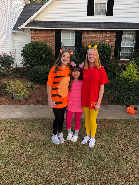 Tiger Winnie The Pooh Costume, Tiger And Winnie The Pooh Costume, Tigger Winnie The Pooh Costume, Pooh And Tiger Costumes, Turning Red Costume Diy, Winnie The Poo Costume Ideas, Winnie The Pooh And Tigger Costumes, Tigger Diy Costume, Pooh Ears Diy