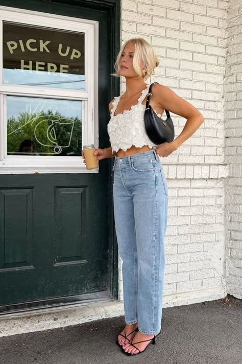 Who doesn't love a cute jeans outfit? I'm wearing this on repeat this summer! If you want a white top outfit, this is the perfect summer brunch look! I'm always putting together casual and stylish outfits. If you need spring outfit ideas, tap to shop this look and explore my LTK for more style inspiration! White Top Denim Jeans Outfit, Outfits Para Dates, Jeans And Cute Top Outfit, Girly Summer Outfits Casual, White Top Jeans Outfit, Jeans And White Top Outfit, Brunch Outfit Jeans, White And Denim Outfits, Jeans And Top Outfit