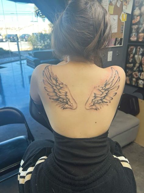 Wing Tattoo Shoulder Women, Angel Spine Tattoos For Women, Angel Wing On Back Tattoo, Back Tat Wings, Pretty Upper Arm Tattoos For Women, Angel Wings Ankle Tattoo, Angel Chest Tattoo Female, Back Tattoo With Wings, Angle Wings Tattoo Women