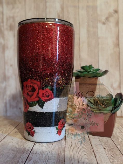 Rose Tumbler Ideas, White Glitter Tumbler, Black Tumblers, Resin Cups, Black Tumbler, Gothic Rose, Custom Tumbler Cups, Tumbler Ideas, Custom Tumbler