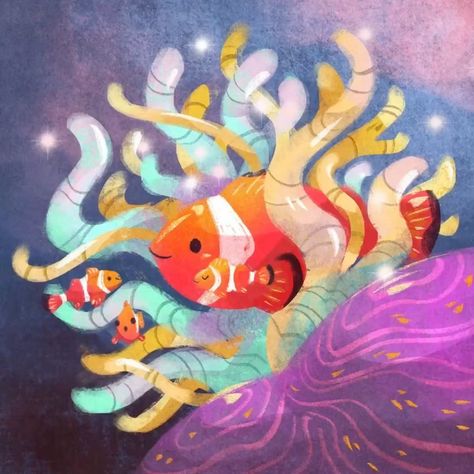 Clown Fish Illustration, Clownfish Illustration, Clown Fish Drawing, Clownfish Drawing, Powerful Drawing, Fish Wrap, Underwater Painting, Art And Creativity, Inspiration Painting