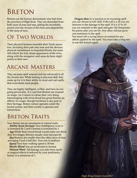 The Elder Scrolls Races in DnD Version 2  - Album on Imgur Breton Elder Scrolls, Elder Scrolls Breton, Skyrim Dnd, Elder Scrolls Races, Skyrim Races, Skyrim Lore, Homebrew Races, 5e Races, Elder Scrolls Lore