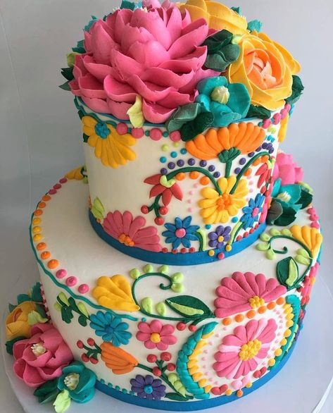 White Flower Cake Shoppe, Mexican Cake, Bolo Vintage, Sunflower Cake, Party Sides, Mexican Birthday Parties, Fiesta Cake, Fiesta Birthday Party, Mexican Birthday