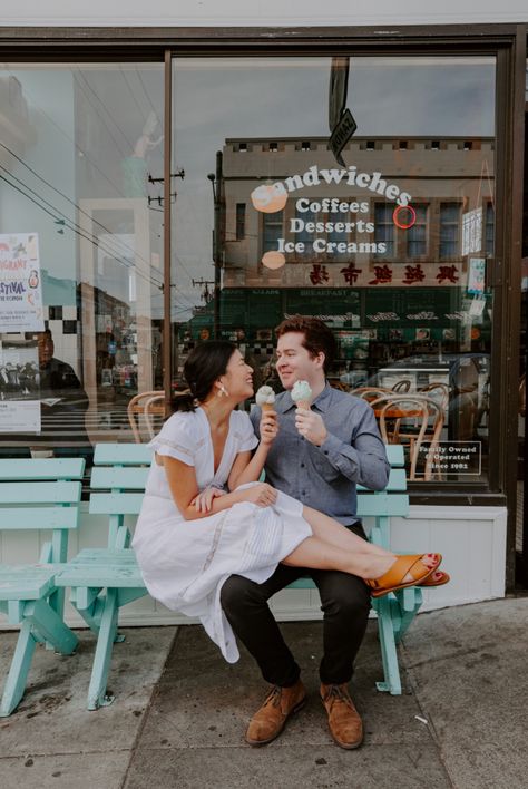 Engagement Photos - Katie Weinholt Engagement | Wedding Photography Couple Ice Cream Photography, Engagement Ice Cream Photos, Couple Eating Ice Cream Aesthetic, Couple Ice Cream Pictures, Ice Cream Shop Photo Shoot Couple, Milkshake Engagement Pictures, Candy Shop Engagement Photos, Gold Engagement Photos, Engagement Photos With Ice Cream