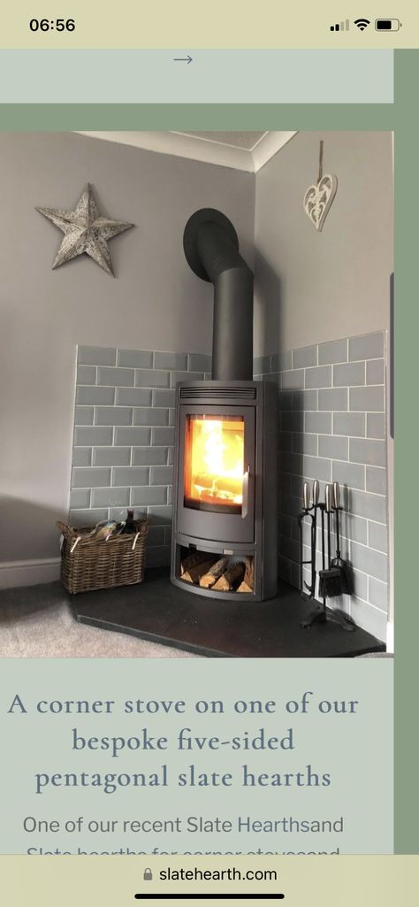 Corner Log Burner Ideas, Log Burner Ideas, Corner Log Burner, Wood Burning Stove Corner, Corner Wood Stove, Wood Stove Surround, Hearth Ideas, Corner Stove, Wood Burning Stoves Living Room