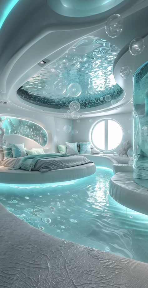 Water Bedroom Fantasy Art, Water Bedroom Ideas, Luxury Mansions Interior Bedroom, Frutiger Aero House, Frutiger Aero Bedroom, Water Bedroom, Cool Bedrooms, Decoration Room Ideas, Underwater Bedroom