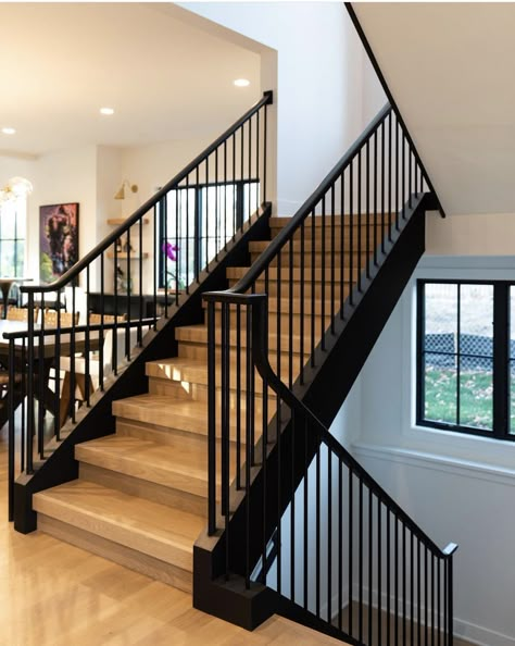 Black Wood Railing, Black Railings For Stairs, Wood And Iron Stair Railing Modern, Flip Homes, Stairs Remodel, Black Stair Railing, Wood Railings For Stairs, Stair Renovation, Stairs Renovation