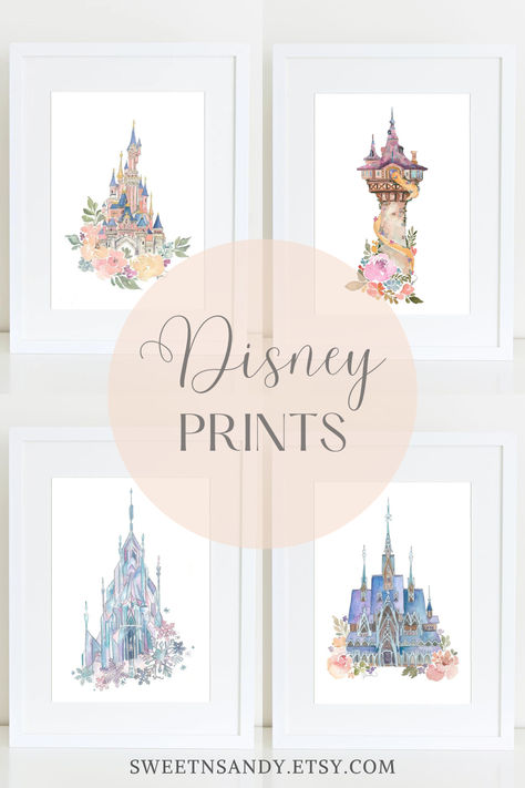 Original watercolor prints from all your favorite Disney princess movies. Perfect for the Disney lover or as decoration for a princess themed room. Disney Themed Bedroom, Princess Themed Room, Disney Princess Wall Stickers, Disney Themed Bedrooms, Disney Bedroom, Disney Themed Rooms, Disney Prints, Disney Princess Room, Disney Princess Castle