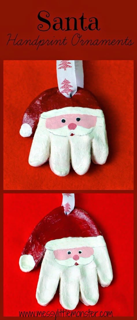 Messy Little Monster: How to make a Salt Dough Santa Handprint Ornament- kids Christmas Craft Salt Dough Handprint Ornaments, Santa Kids Crafts, Handprint Santa, Salt Dough Handprint, Santa Handprint Ornament, Santa Handprint, Handprint Ornaments, Christmas Crafts For Toddlers, Salt Dough Ornaments