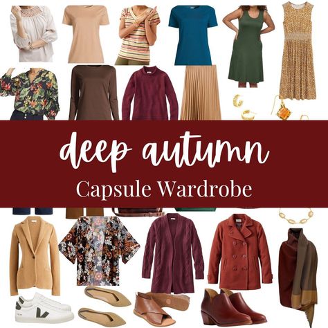 DEEP AUTUMN CAPSULE WARDROBE 7 tops in warm, deep colors 4 bottoms + 2 dresses perfect for Deep Autumn 5 completer pieces to style 4 pair of varied neutral shoes 8 deep and warm accessories Want to learn more about Deep Autumn (or any season)? Comment “EXPLORE” to get the link. #deepautumn #deepautumncolors #deepautumnpalette #deepautumnstyle #darkautumn #darkautumncolors #darkautumncolorpalette #coloranalysis #seasonalcoloranalysis #capsulewardrobe #capsulewardrobechallenge #capsulewardro... Deep Autumn Shoes, Deep Autumn Accessories, Autumn Color Capsule Wardrobe, Capsule Wardrobe Autumn Color Palettes, Dark Autumn Fashion, Dark Autumn Clothes, Deep Autumn Style, Deep Autumn Outfits Capsule Wardrobe, Dark Autumn Capsule Wardrobe