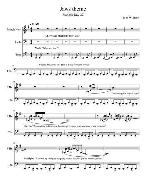 Download and print in PDF or MIDI free sheet music for Jaws Theme by John Williams arranged by Dogman15 for French Horn, Cello, Tuba (Mixed Trio) Tuba Music Sheets, Tuba Sheet Music, Tuba Jokes, French Horn Sheet Music, French Horn Music, Tuba Music, Trombone Sheet Music, Music Challenge, Clarinet Sheet Music