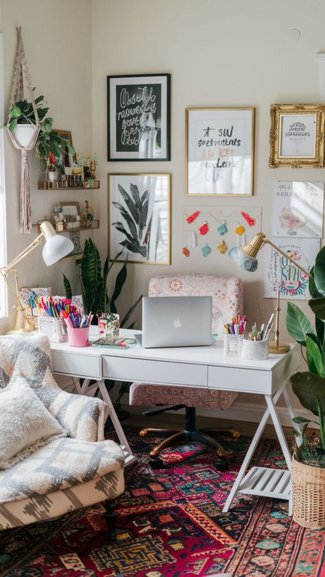 Achieve a chic yet functional feminine office with a beautiful shabby chic color palette. 🌿 Opt for distressed wood furniture, layered textiles, and delicate decor pieces to add charm. 🕊️ Incorporate feminine desk setups with soft, vintage-inspired accessories like lace, florals, and elegant desk lamps. 💡 Add romantic shabby chic accents, such as pastel tones and soft lighting. 🌸 #shabbychic #shabbychicoffice #feminineoffice #vintageoffice #homeofficeinspiration #chicdecor #romanticoffice Home Office And Wardrobe Room, Eclectic Office Space, Apartment Office Ideas, Shabby Chic Office Ideas, Chic Office Ideas, Girly Office Space, Home Desk Ideas, Shabby Chic Color Palette, Home Office Decor Inspiration