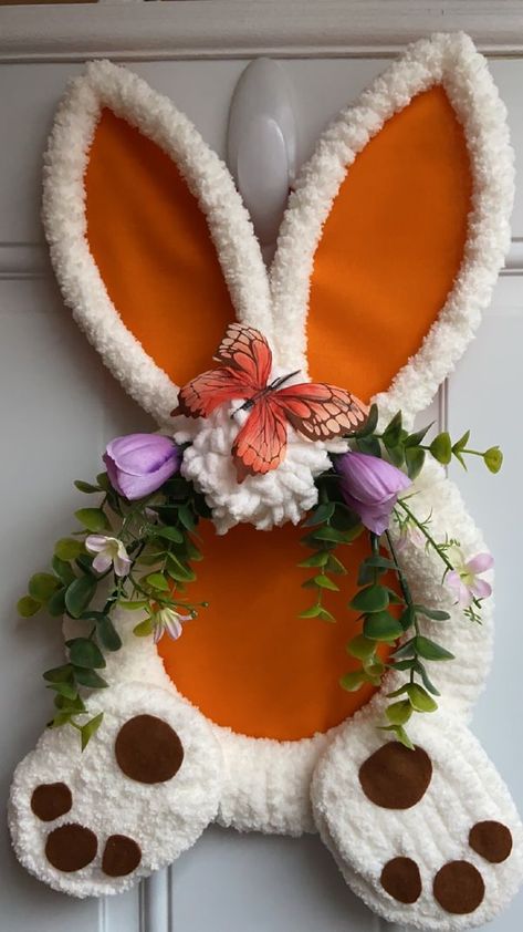 💲Dollar Tree Fanatics Crafts & Decor💲 | My front door bunny I used a wire frame bunny from Dollar Tree and wrapped it with chunky yarn from my craft stash I  made the feet from  DT egg shape... | Facebook Crafts Decor, Craft Stash, Tree Crafts, Wire Frame, Dollar Tree Crafts, Egg Shape, Chunky Yarn, Dollar Tree, Front Door