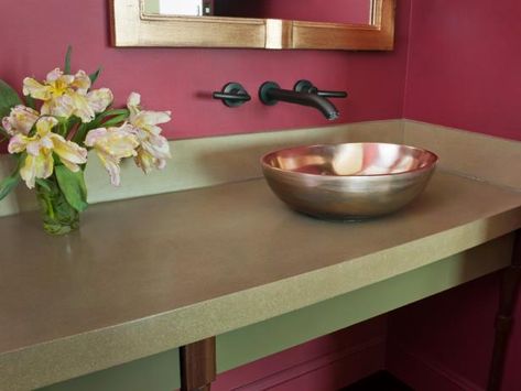 Browse your options for concrete bathroom countertops, plus check out inspiring pictures from HGTV.com. Bridal Pink Benjamin Moore, Cement Bathroom Countertops, Concrete Bathroom Countertops, Bathroom Countertop Design, Apartment Bathrooms, Countertop Redo, Cement Bathroom, Organizing Small Home, Countertop Inspiration