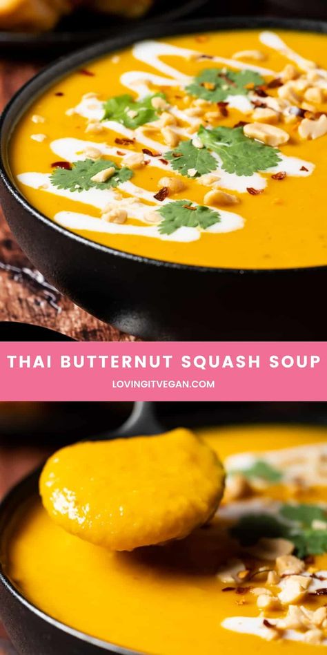 This Thai butternut squash soup is creamy and spicy and simply divine. Made with Thai green curry paste and coconut milk for a fabulous Thai inspired soup. | lovingitvegan.com Butternut Squash Soup Slow Cooker, Butternut Squash Soup Crockpot, Coconut Butternut Squash Soup, Thai Butternut Squash Soup, Spicy Butternut Squash Soup, Curried Squash Soup, Thai Pumpkin Soup, Butternut Squash Curry, Thai Green Curry Paste