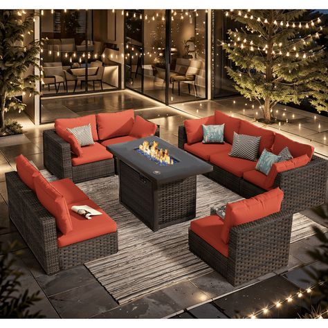 Grezone 9 Pieces Outdoor Patio Furniture with 43" 55000BTU Gas Propane Fire Pit Table PE Wicker Rattan Sectional Sofa Patio Conversation Sets - Walmart.com Beautiful Outdoor Living Spaces, Outdoor Fireplace Patio, Propane Fire Pit Table, Patio Conversation Sets, Frame Making, Gas Fire Pit Table, Outdoor Couch, Propane Fire Pit, Patio Sectional