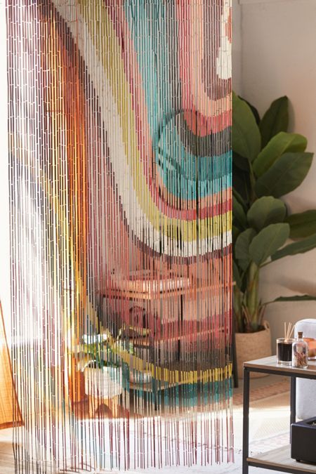 Urban Outfitters Room, Bamboo Beaded Curtains, Bed With Posts, Beaded Curtain, Tufted Upholstered Headboard, Bamboo Crafts, Color Wave, Bohemian Bedroom, Beaded Curtains