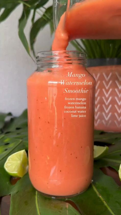 Dive into summer with this delightful 5-ingredient tropical blend! Whip up this easy smoothie featuring frozen mango, juicy watermelon, creamy banana, hydrating coconut water, and a splash of zesty lime juice. #SmoothieRecipe #TropicalDrink #HealthyLiving #SummerSmoothie #RefreshingDrinks Mango Watermelon Smoothie, Lemonade Slushie, Tasty Smoothie Recipes, Coconut Water Recipes, Mango Smoothie Recipe, Coconut Water Smoothie, Watermelon Smoothie, Vegan Smoothie Recipes, Mango Smoothie Recipes