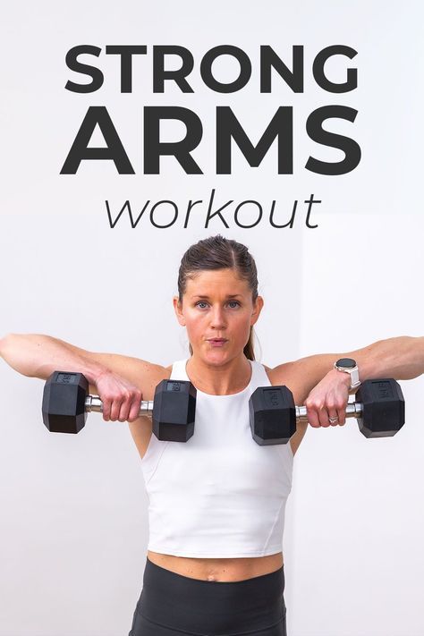 Build defined, strong arms at home with this effective upper body workout. Each circuit pairs two isolated exercises with a compound exercise to build strength and definition in the arms, chest and back. This workout for strong arms requires just a set of dumbbells and can be done entirely at home in around 30 minutes. Back Workout With Weights, Arms And Back Workout At Home, Arm And Back Workout, Strong Arms Workout, Chest And Arm Workout, Back Of Arm Exercises, Arm Workout Videos, Back Workout At Home, Upper Body Exercises