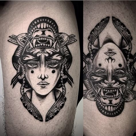 Ambigram Face Tattoo, Double Head Tattoo, Flipface Tattoo Traditional, Double Face Tattoo, Upside Down Tattoo, Flip Flop Tattoo, Crohns Tattoo, Face Tattoo Ideas, Voodoo Tattoo