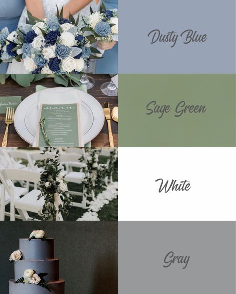 Dusty Blue Sage Green Silver Wedding, Dusty Sage And Dusty Blue Wedding, Wedding Color Gray, Grey Color Scheme Wedding, Dusty Blue Wedding Pallet, Dusty Blue Sage Green White Wedding, Save Green And Dusty Blue Wedding, Light Blue And Sage Green Wedding Theme, Dusty Blue Sage Green Grey Wedding