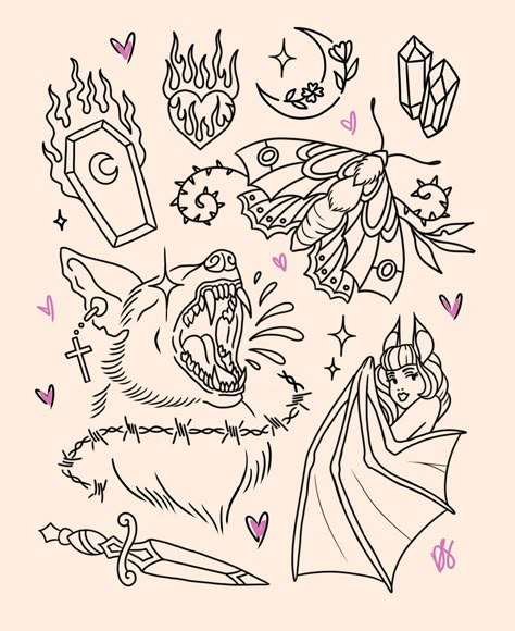 🌙 Just some flash 🌙 | Instagram Y2k Tattoo Flash Sheet, Beginner Flash Sheet, Trad Flash Sheet, Small American Traditional Tattoo Flash, Flash Sheets, Simple Tattoo Flash, Simple Tattoo Flash Sheet, Easy Flash Tattoo, Goth Tattoo Flash Sheet