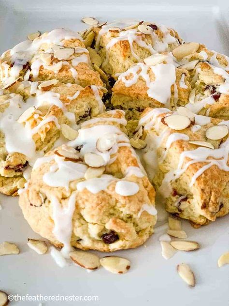 Almond Scones Recipe, 3 Ingredient Biscuits, Almond Scones, Homemade Glaze, Cranberry Orange Scones, Cranberry Scones, Scones Recipe Easy, Homemade Scones, Afternoon Tea Recipes