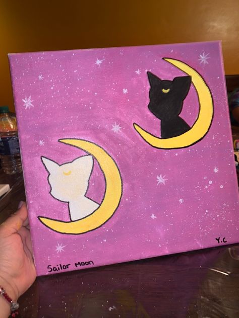 Sailor Moon Cat Painting, Sailor Moon Painting Easy, Sailor Moon Painting Canvases, Anime Painting Acrylic Easy, Easy Anime Painting Ideas On Canvas, Anime Painting Easy, Best Friend Painting Ideas Canvases, Anime Canvas Painting Easy, Kawaii Paintings On Canvas