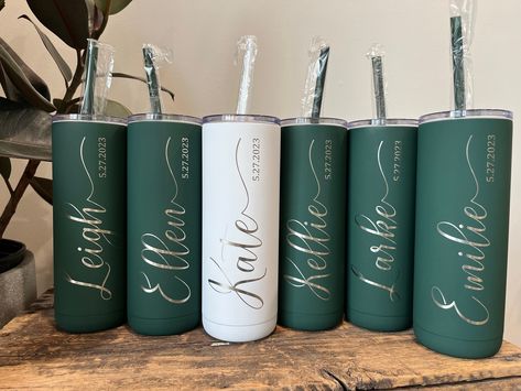 Thanks so much for checking out our laser engraved skinny tumblers!  Whether you are planning a bachelorette party, proposing to your bridesmaids or need a gift for the wedding day, these tumblers will not only keep your drinks cold, but they will be a wonderful keepsake to remember your special day.  With a super soft matte finish, screw on closeable lid and matching straw, you'll realize why these tumblers are top of the line as soon as you have one in hand. Choose from our variety of colors a Emerald Green Gifts, Bachelorette Tumblers Ideas, Cups For Bridesmaids, Bridal Party Tumbler Ideas, Bridesmaid Cups Diy, Thank You Ideas For Wedding, Bridesmaids Gifts For Wedding Day, Wedding Party Cups, Wedding Gifts For Bridal Party