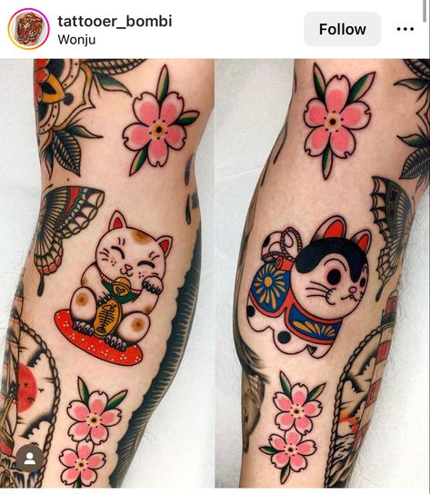 Lucky Cat Design, Japanese Tattoo Ideas Female, Japanese Lucky Charm Tattoo, Lucky Cat Tattoo Traditional, Trad Japanese Tattoo, Maneki Neko Tattoo Design, Chinese Cat Tattoo, Japanese Lucky Cat Tattoo, Old School Japanese Tattoo