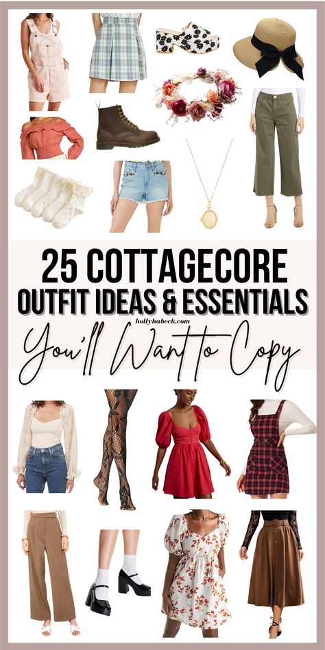 Love the cottagecore aesthetic? Check out these 25 cottagecore outfit ideas for the ultimate cottagecore fashion inspiration. Cottagecore Outfits Overalls, Cottagecore Outfit Ideas Casual, Cottagecore Aesthetic Outfits Spring, Cottagecore Wardrobe Essentials, Western Cottagecore Outfits, Fashion Core Aesthetic, Cottage Core Outfits Aesthetic, Spring Cottagecore Outfits, Farm Outfit Aesthetic