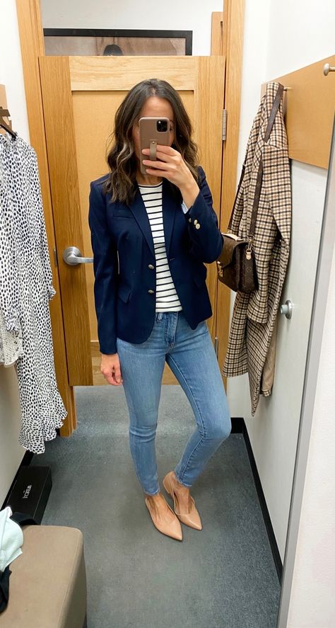 J Crew Outfits Women, J Crew Style Summer, Cropped Jacket With Dress, Summer Work Outfits Jeans, J Crew Factory Outfits, Warm Weather Business Casual Women, Office Outfit With Jeans, Office Jeans Outfit, Casual Dressy Outfits For Women