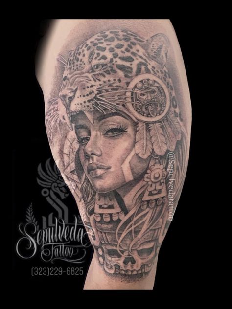 Aztec Princess Tattoo Goddesses, Aztec Goddess Tattoo, Aztec Jaguar Tattoo, Aztec Princess Tattoo, Aztec Headdress, Mexican Heroes, Aztec Jaguar, Forearm Cover Up Tattoos, Aztec Warrior Tattoo