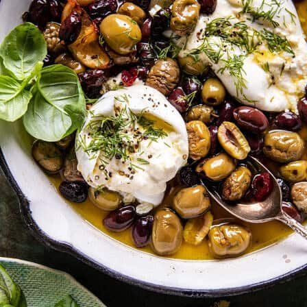 Garlic Herb Roasted Olives with Burrata - Half Baked Harvest Garlic Herb Roasted Olives With Burrata, Burrata Olives, Buratta Recipe, Baked Burrata, Garlic Olives, Burrata Appetizer, Burrata Recipe, Roasted Olives, Mini Dishes